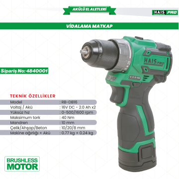 AKÜLÜ VİD. MATK.16V 2.0 Ah. RB-DB16 HAISPRO