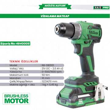 AKÜLÜ VİD. DARBESİZ 21V 2.0 Ah RB-DB2101 HAISPRO