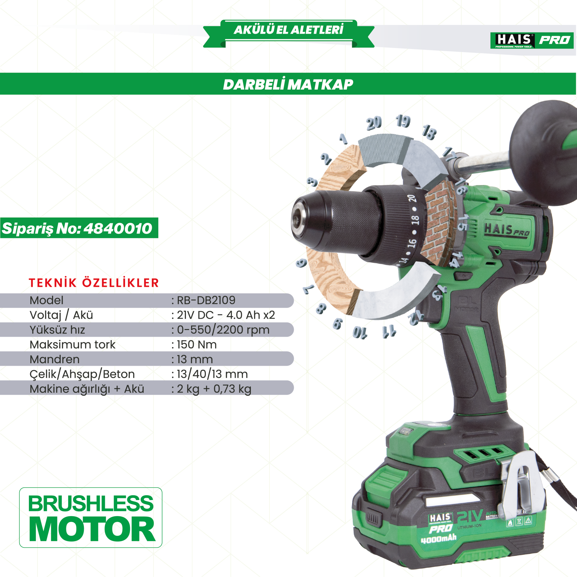 AKÜLÜ VİD.MATK.DARBELİ 21V 4.0Ah RB-DB2109 HAISPRO