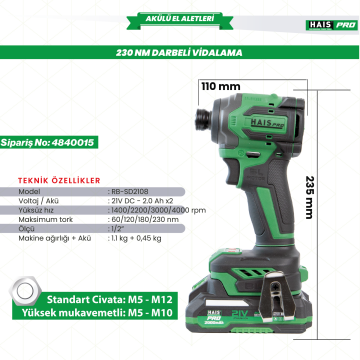 AKÜLÜ VİD. DARBELİ 21V 2.0 Ah RB-SD2108L HAISPRO