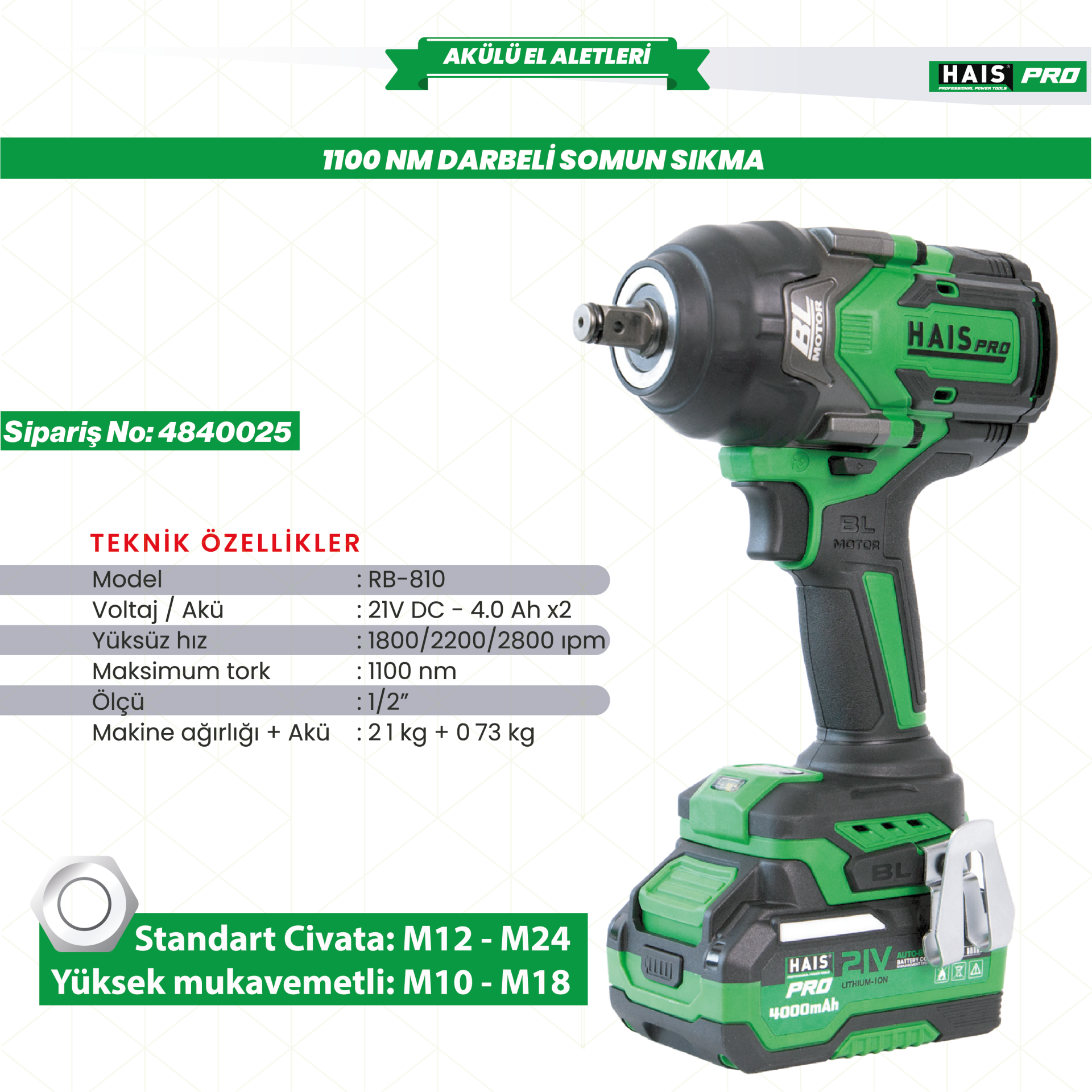 AKÜLÜ SOM.SIK.DARB.1100NM 21V 4.0Ah RB-810 HAISPRO