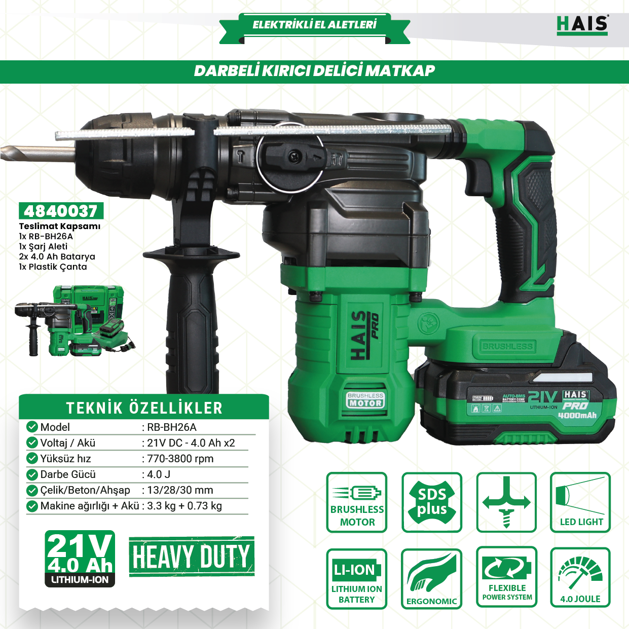 DARBELİ KIR.DEL.MATK.21V - 4.0Ah RB-BH26A HAISPRO