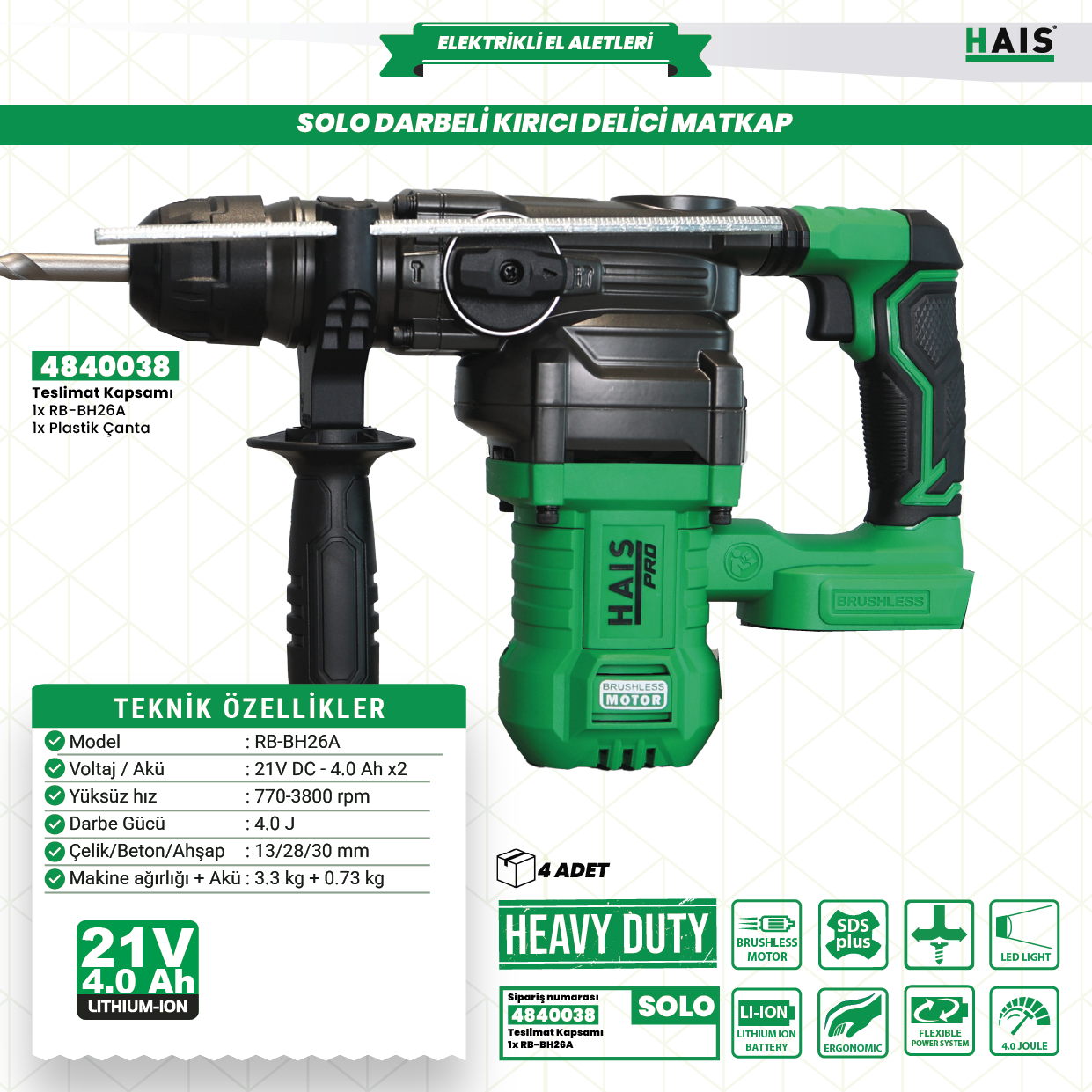 AKÜLÜ SOLO KIRICI DELİCİ MATKAP RB-BH26A HAISPRO
