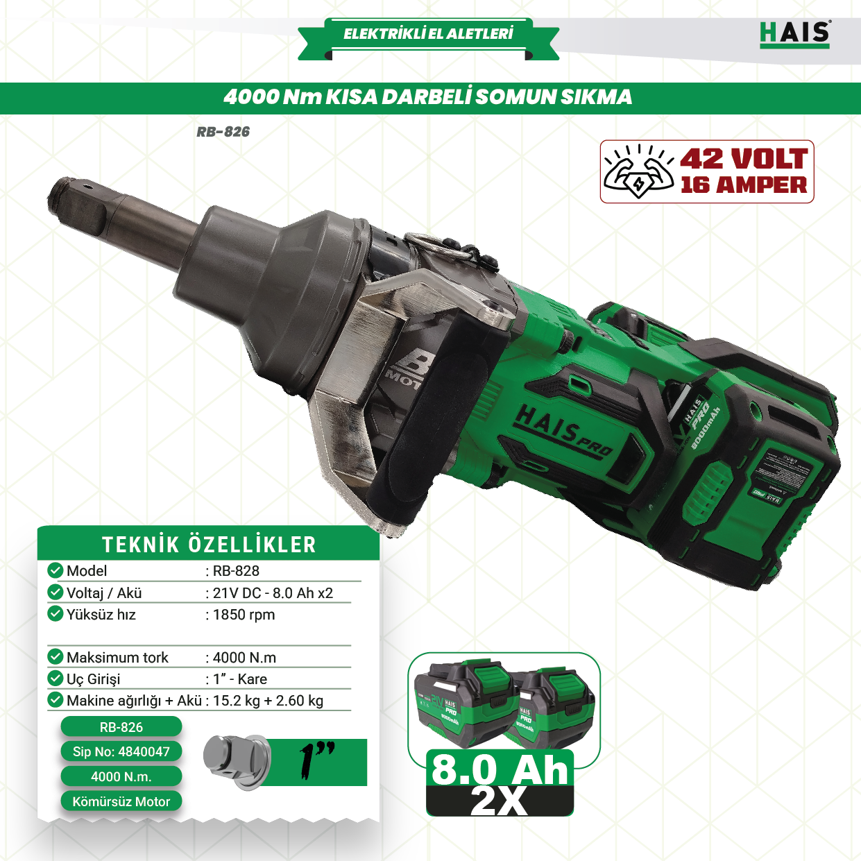 DARBELİ SOM.SIK.4000NM 21V DC-8.0 RB-828 HAISPRO