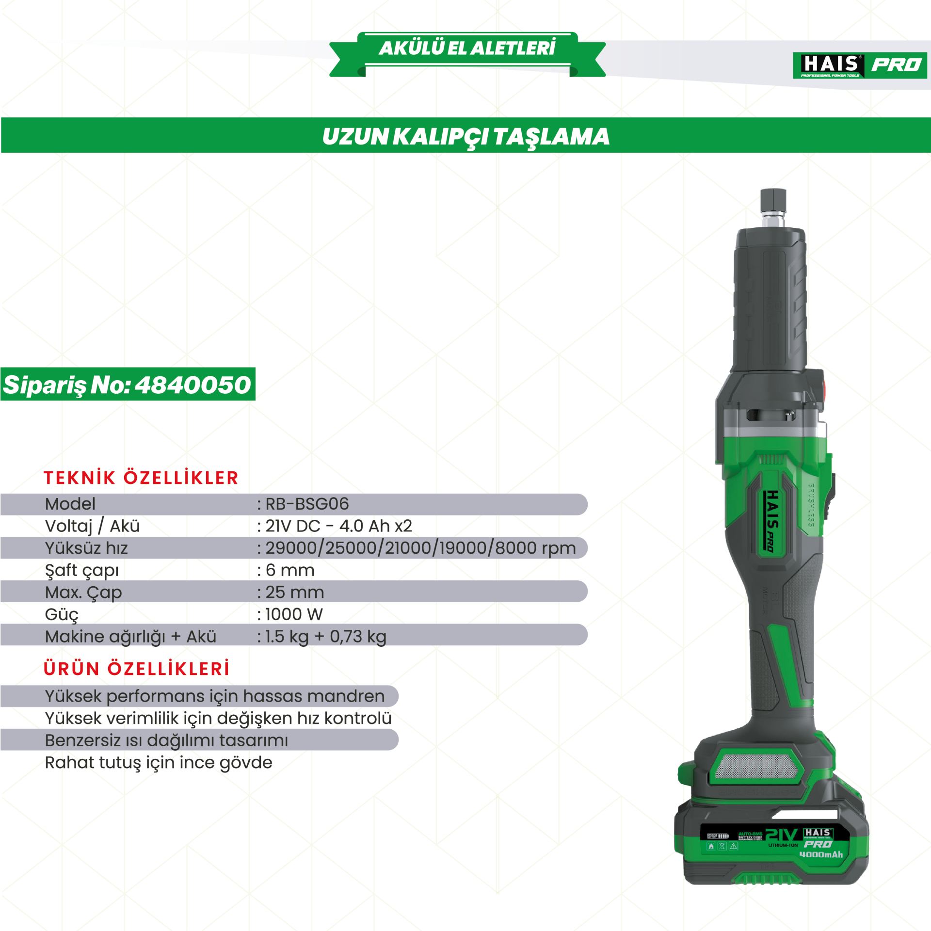 UZUN KALIPÇI TAŞLAMA 21V DC-4.0Ah RB-BSG06 HAISPRO