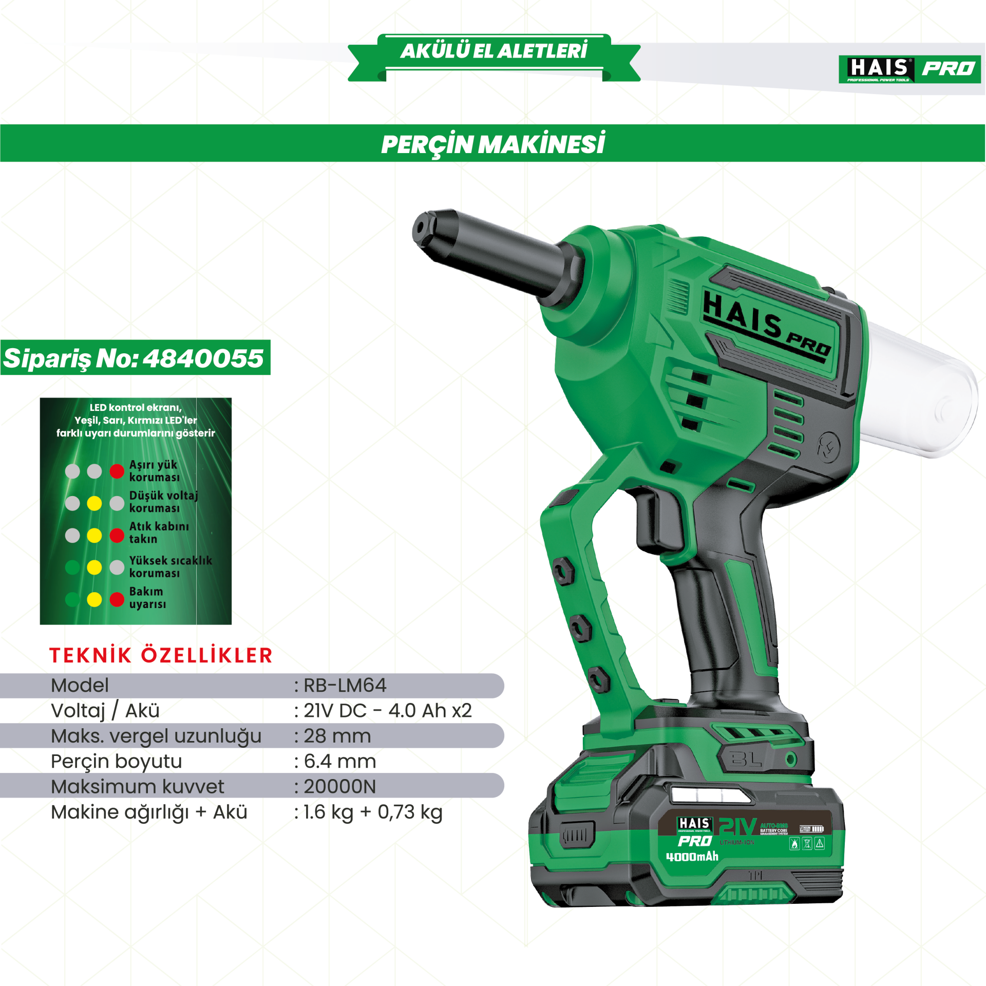 PERÇİM MAKİNASI 21V DC-4.0Ah RB-LM64A HAISPRO