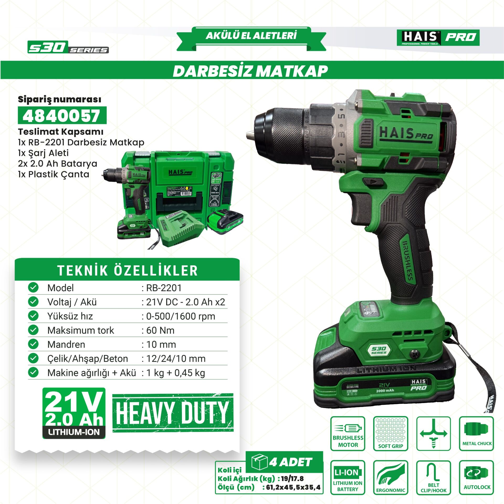AKÜLÜ VİD.DARBESİZ 21V 2.0 A S30 RB-2201 HAISPRO