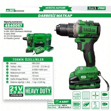 AKÜLÜ VİD.DARBESİZ 21V 2.0 A S30 RB-2201 HAISPRO
