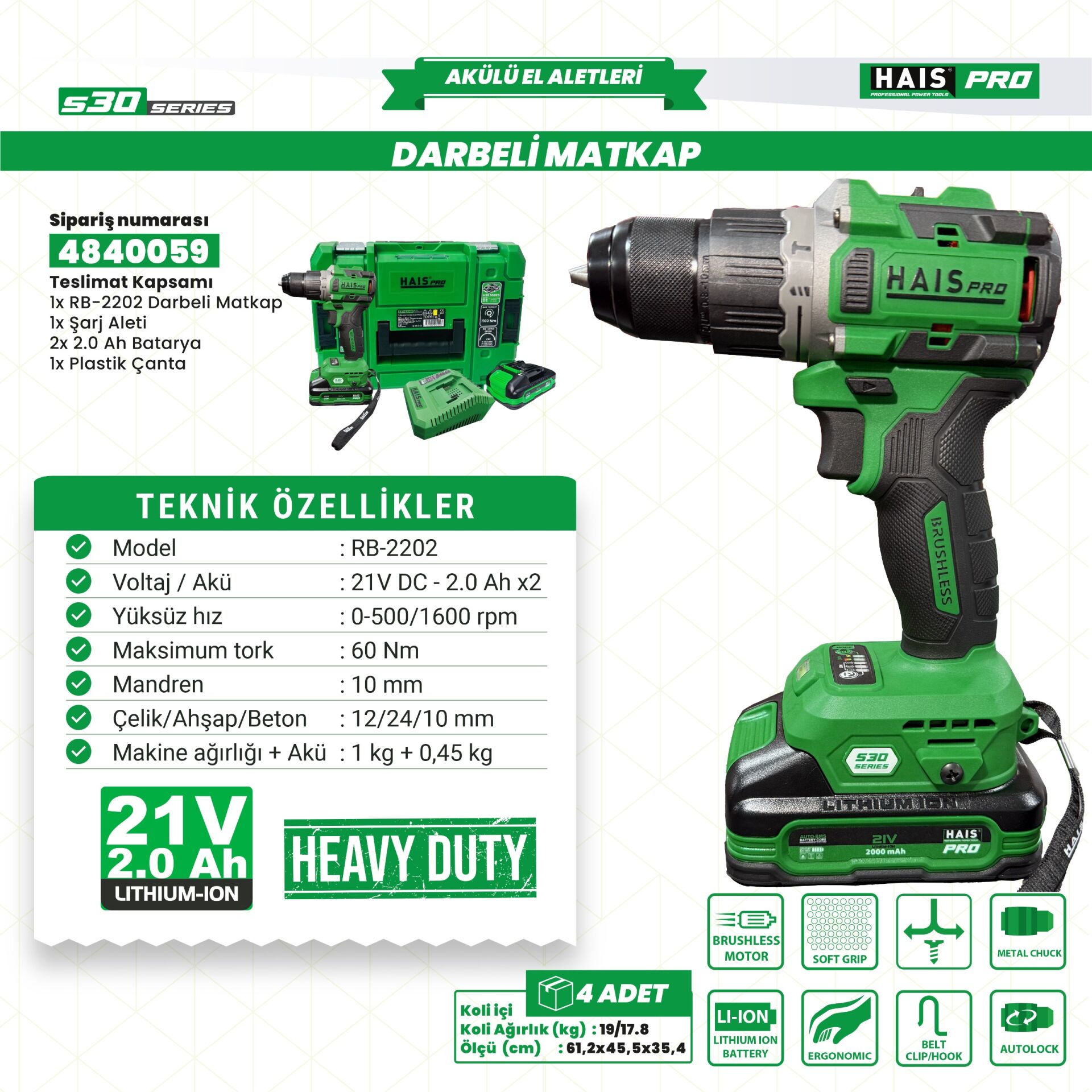 AKÜLÜ VİD. DARBELİ 21V 2.0 A S30 RB-2202 HAISPRO