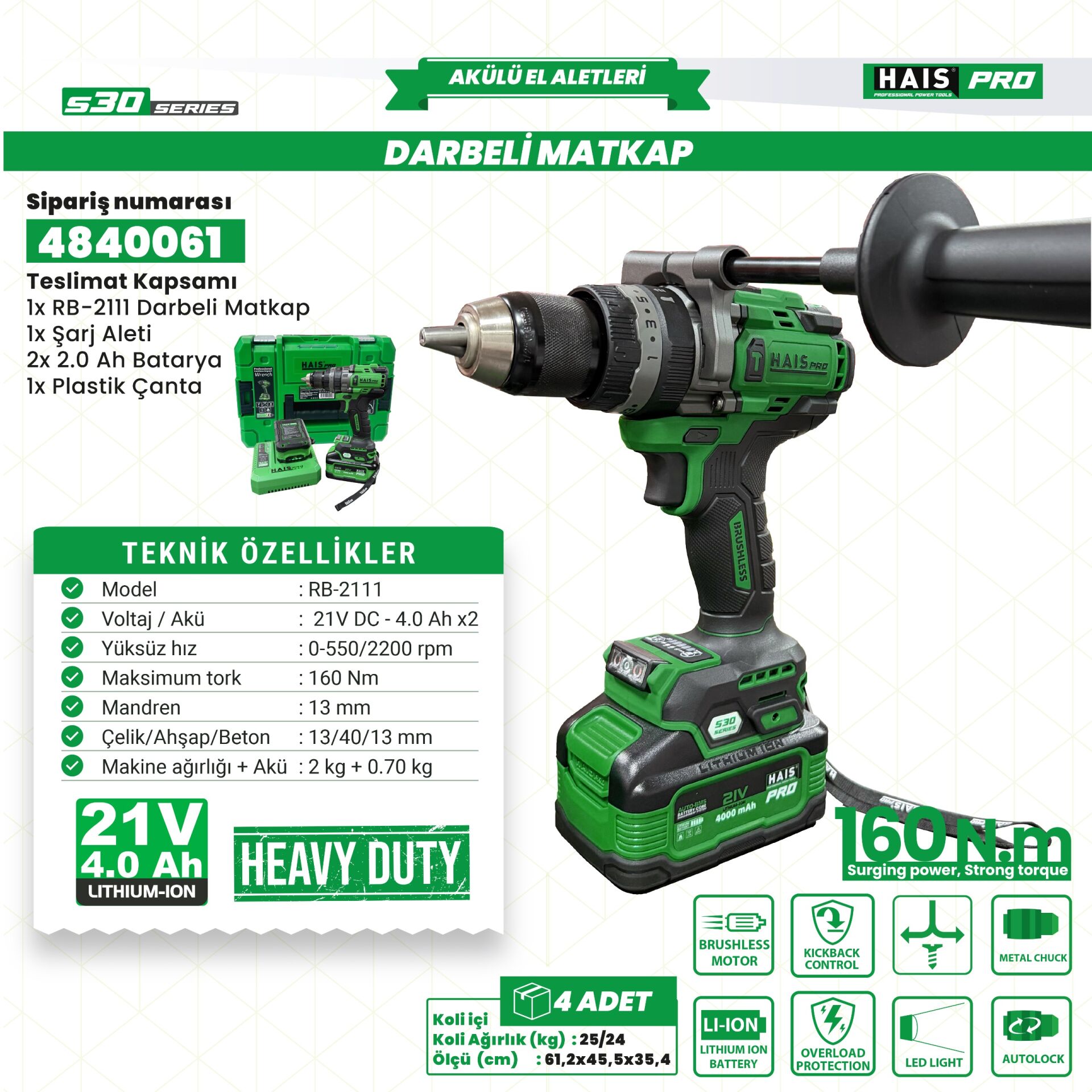 AKÜLÜ VİD.MATK.DARB. 21V 4A S30 RB-2111 HAISPRO