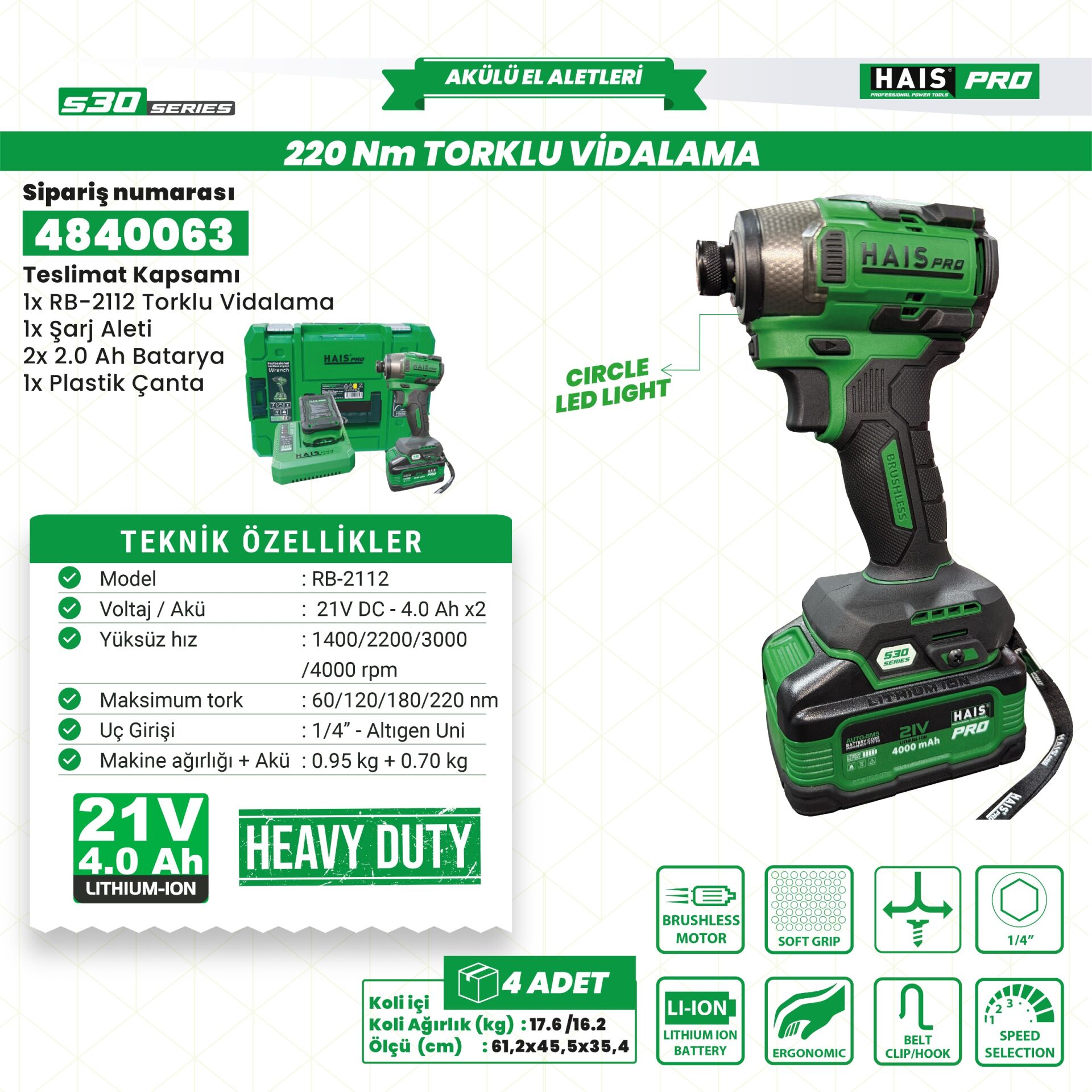 AKÜLÜ VİD. DARBELİ 21V 4.0 Ah S30 RB-2112 HAISPRO