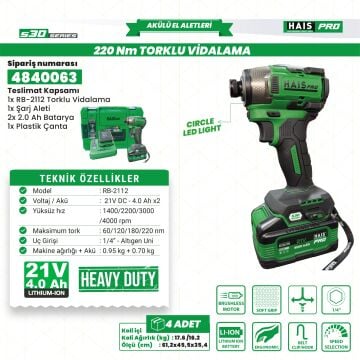 AKÜLÜ VİD. DARBELİ 21V 4.0 Ah S30 RB-2112 HAISPRO
