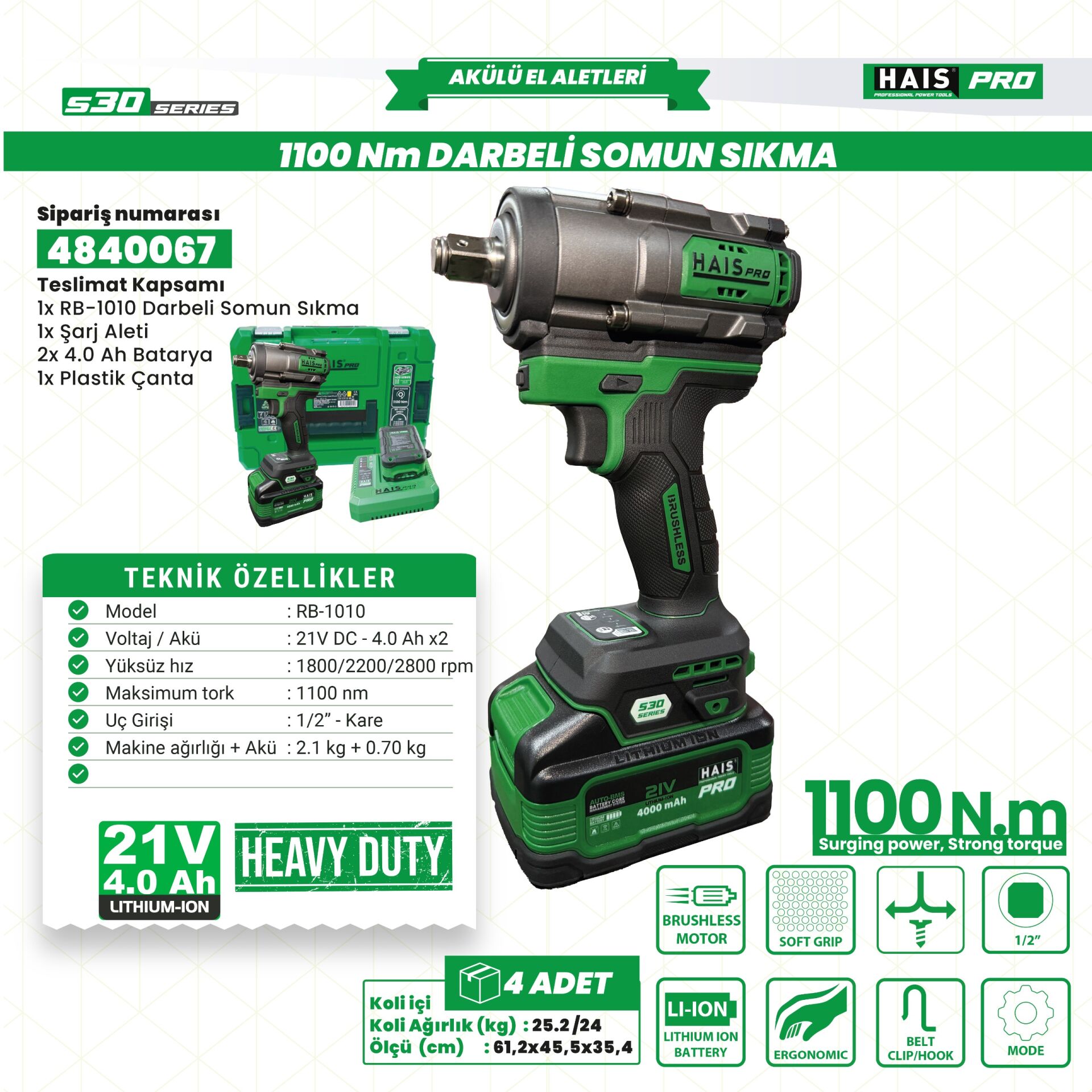 AKÜLÜ SOM.SIK.DARB.1100 21V4A S30 RB-1010 HAISPRO