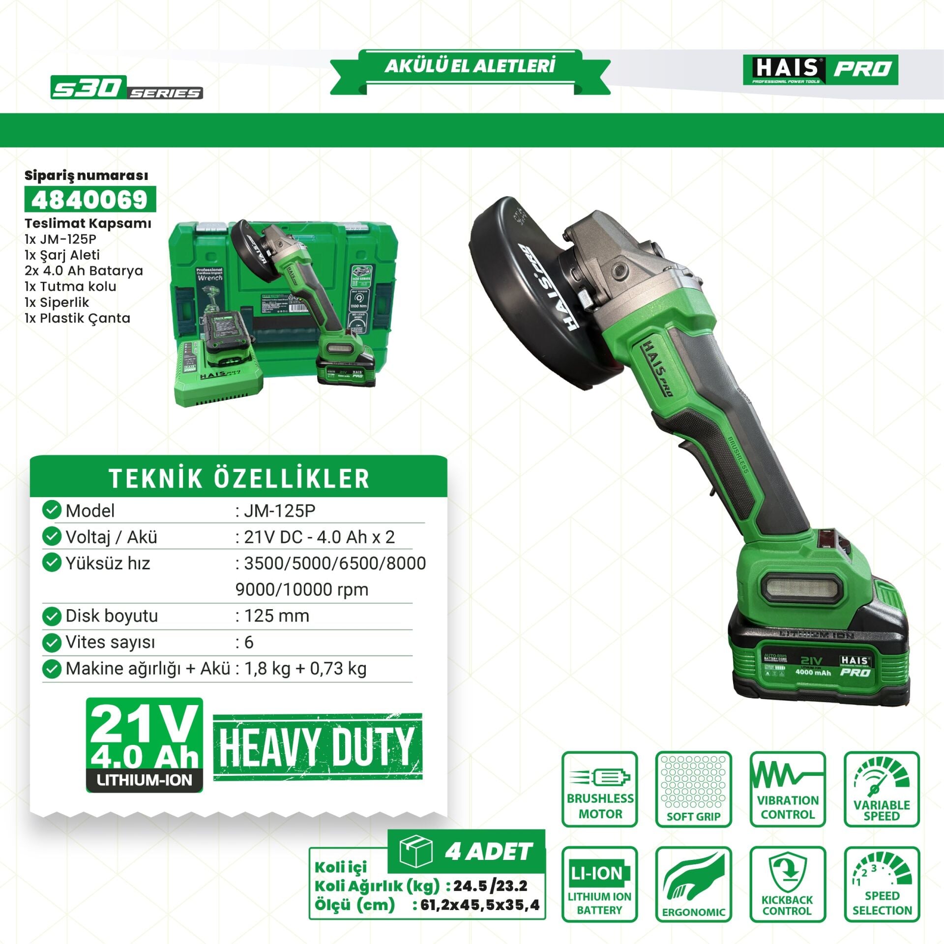 AKÜLÜ TAŞLAMA S30 RB-125P HAISPRO