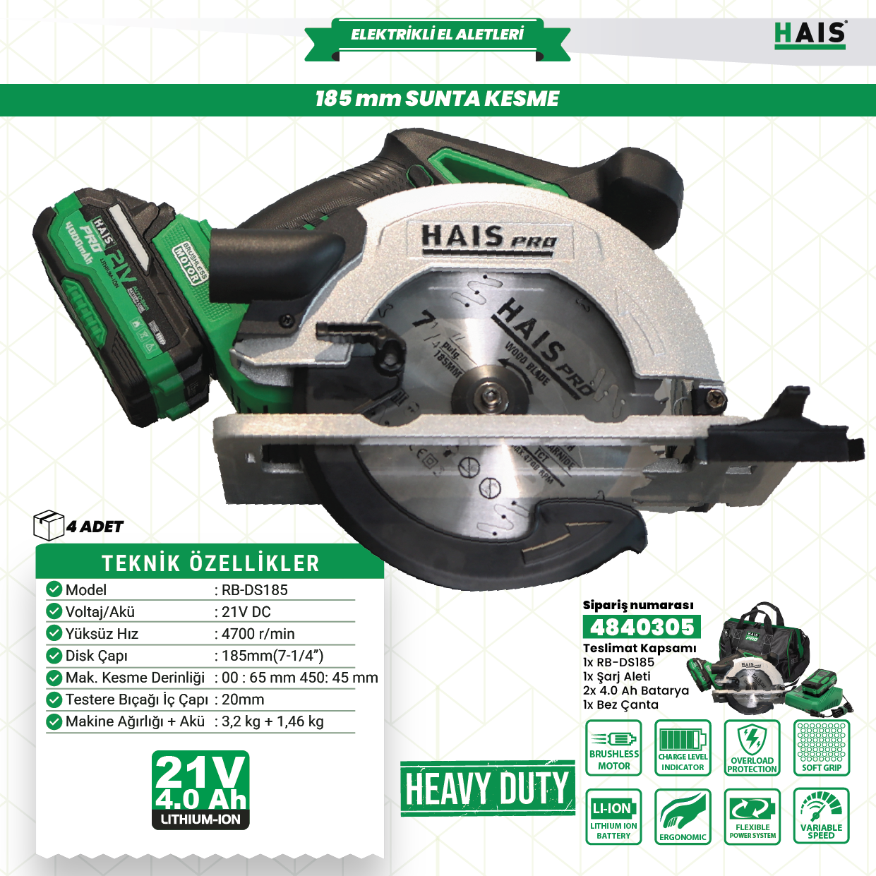 AKÜLÜ SUNTA KESME TESTERESİ RB-DS185 HAISPRO