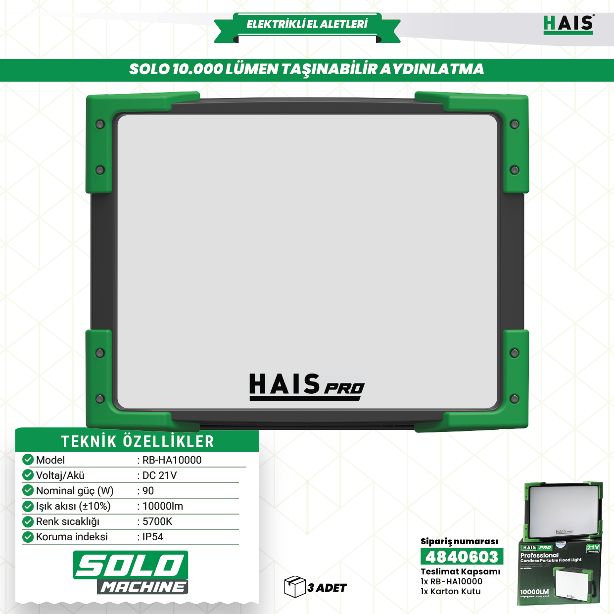 AKÜLÜ SOLO TAŞIN. LED PROJEKTÖR RB-HA10000 HAISPRO