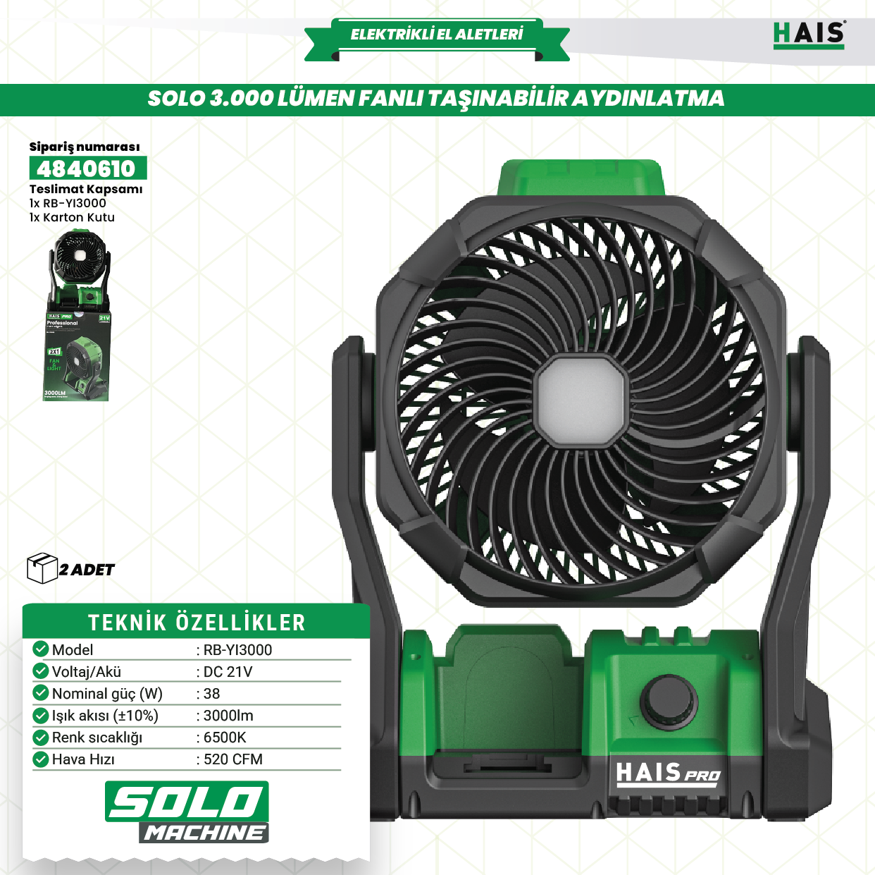 AKÜLÜ SOLO FANLI LED PROJEKTÖR RB-Yİ3000 HAISPRO